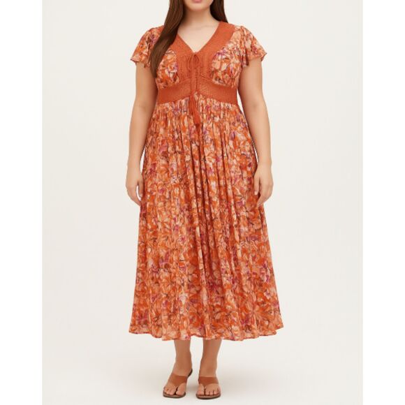 Torrid Women’s Size 0 (12 Large) Floral Maxi Dress Orange Pink Boho Crochet Trim - Picture 1 of 16